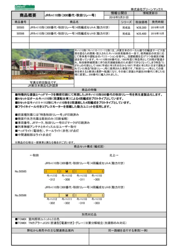 夏休みセール！GREENMAX50586キハ110形300番台秋田リレー号④両B 新製品 JRキハ110形300番台「秋田リレー」 « GM通信