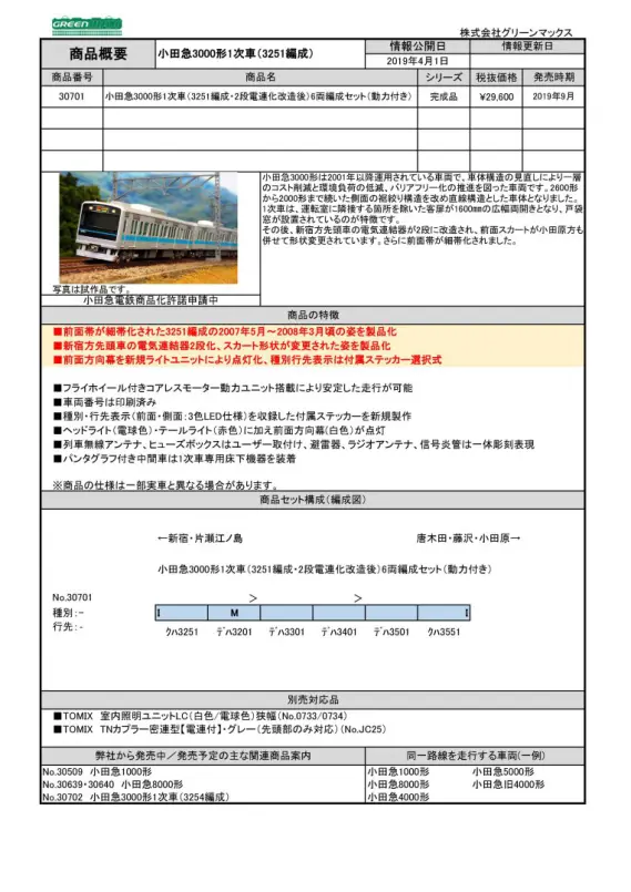 小田急 3000形 1次車 3251編成 2段電連化改造後 GM 30701 小田急 3000形 1次車 (3251編成・2段電連化改造後) 6両編成