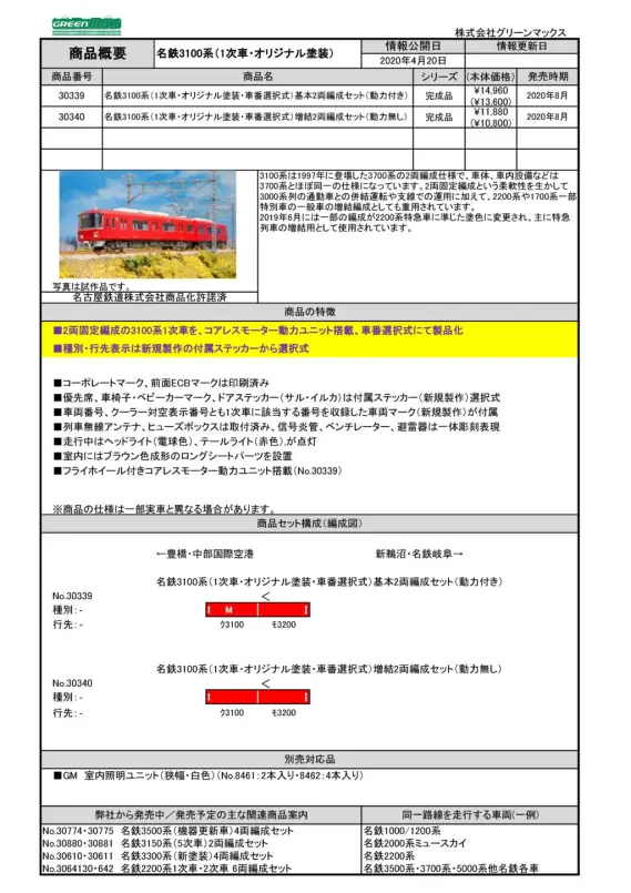 グリーンマックス 30340 名鉄3100系 1次車 オリジナル塗装　動力なし GM 名鉄3100系（1次車・オリジナル塗装・車番選択式）増結2両